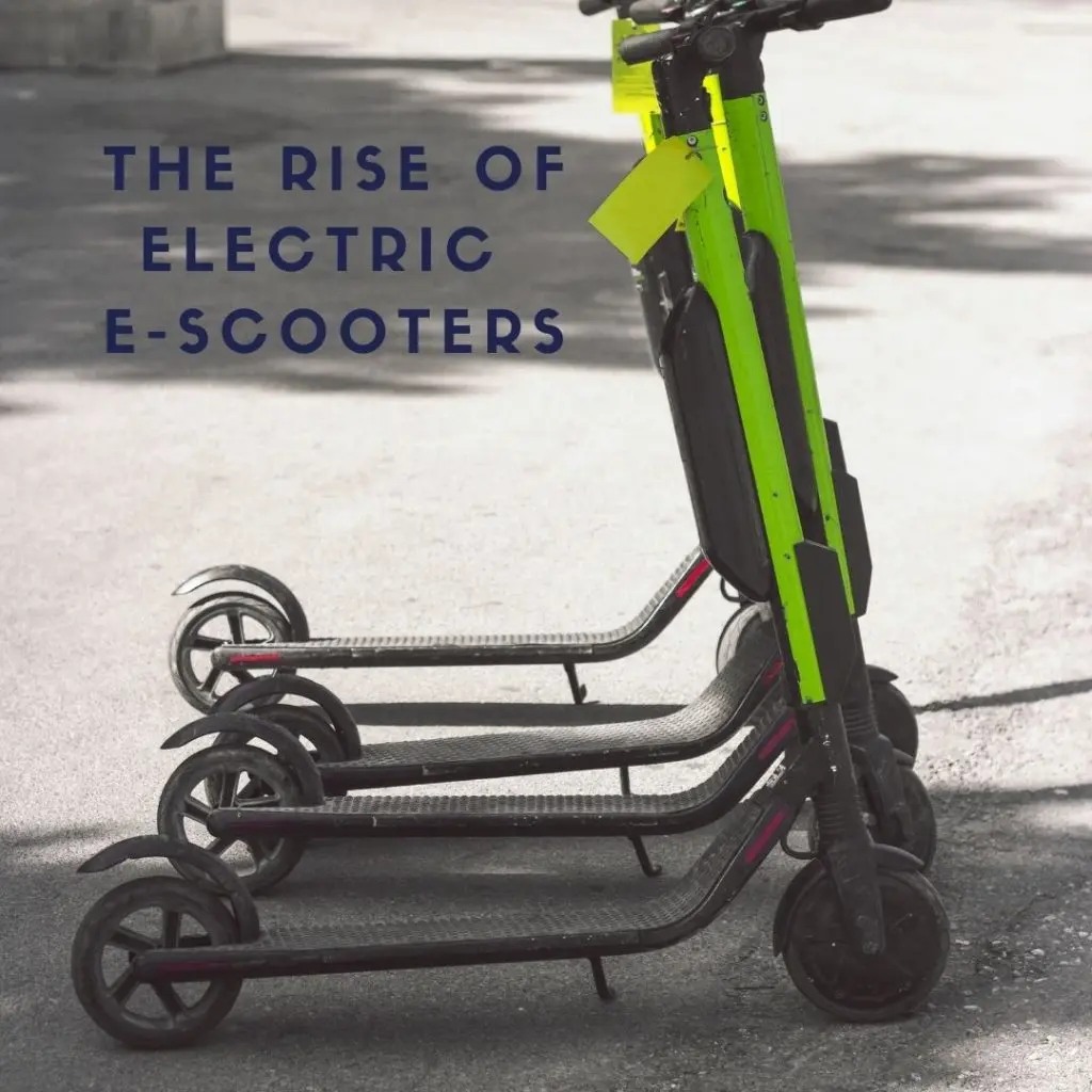 Three Lime Green E-Scooters Parked Outside an a concrete sidewalk stock photo with caption that says "The Rise of Electric E-Scooters"